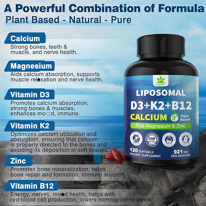 6-in-1 Liposomal Vitamin D3 K2 Calcium Supplement - Plant Based Calcium 600mg with Vegan Vitamin D3 5000 iu + Vitamin K K2 MK7 + B12 Algae Ca-lcium Magnesium Zinc for Bone Softgels 2 Pack