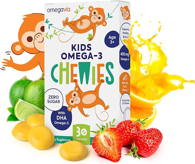 OmegaVia Omega 3 Chewies - Ultra-High DHA Chewables - Omega 3 for Kids Supports Brain &amp Eye Health - Sugar-Free Natural Fruit Flavor - Kids Omega 3 Fish Oil Chewies (30 Count)