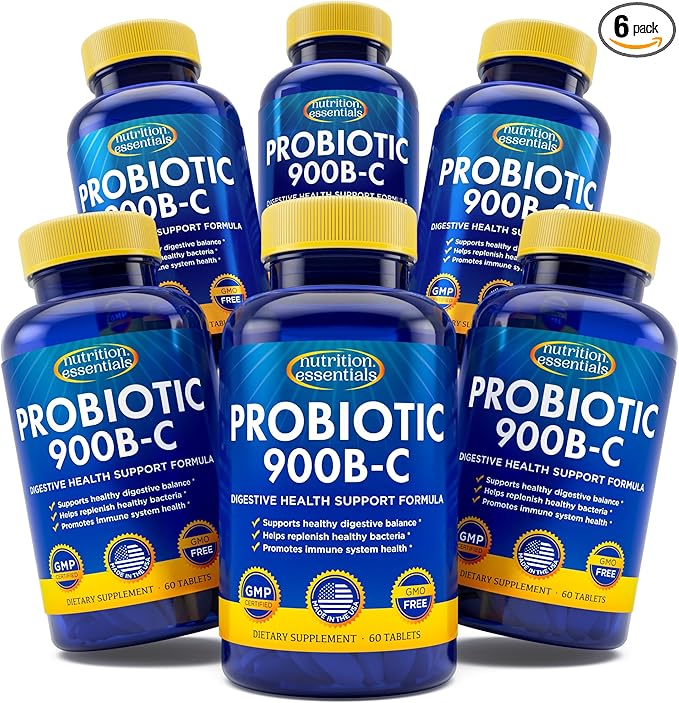 Nutrition Essentials Probiotics for Women and Men with Natural Lactase Enzyme &amp Prebiotic Fiber for Digestive Health - 80percent + Stronger Supplement for Gut Health Support - 6 Count of 60 Tablet