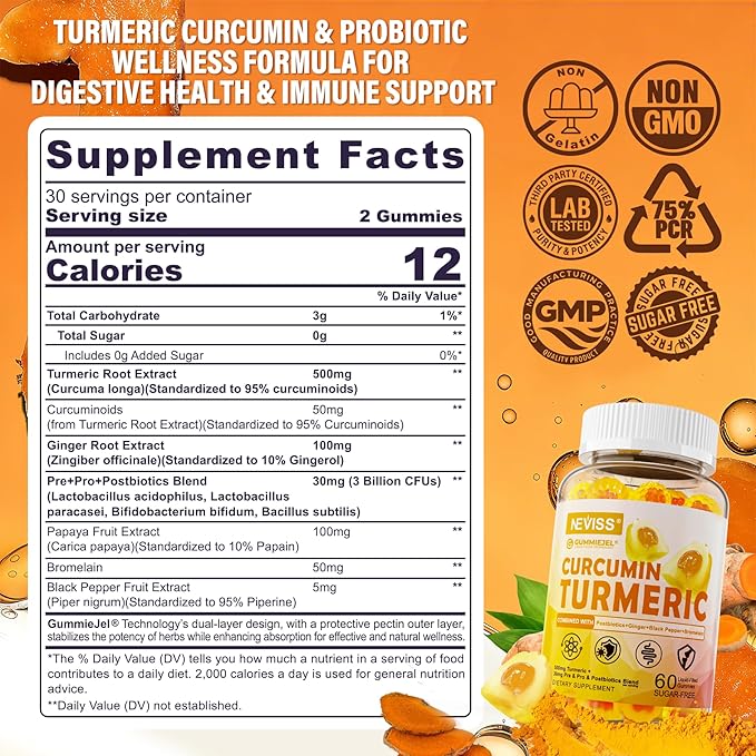 Sugar Free Turmeric Curcumin Filled Gummies 550mg for Adults Ginger &amp Black Pepper | 95% Curcuminoids w/Prebiotic Probiotic &amp Postbiotic Blend Support Immune &amp Digestive Health Vegan