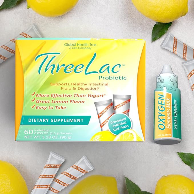 GHT – Ultimate Gut &amp Oxygen Duo: ThreeLac Lemon Probiotic Powder (180 Packets) &amp Oxygen Elements Max Drops (3oz) - Digestive Support &amp Cellular Vitality