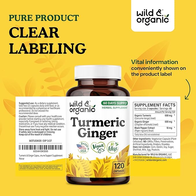 Wild &amp Organic Turmeric and Ginger Supplement Capsules - Mobility &amp Immune Support - Ginger Turmeric Capsules with Black Pepper - 60 Days of Supply - Vegan No Fillers Non-GMO - 120 Count