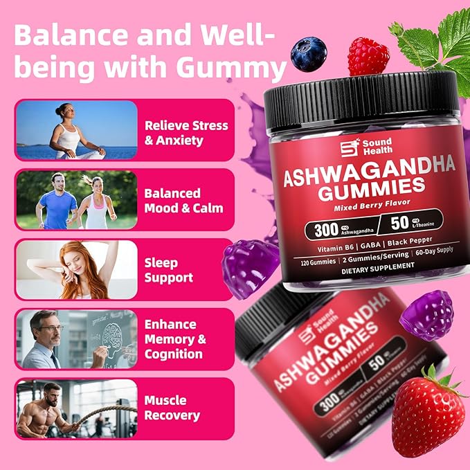 Ashwagandha Gummies for Women &amp Men | Organic Ashwagandha Supplement with Vitamin B6 Black Pepper | Vegan Plant Based Non-GMO Gluten-Free - 120 Count (60-Day Supply)