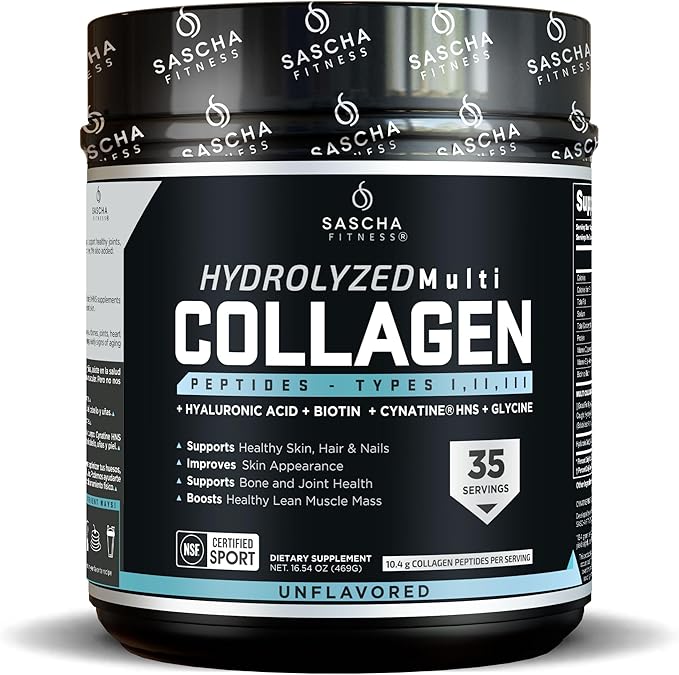 SASCHA FITNESS Hydrolyzed Multi Collagen Peptides Tipes 12 &amp 3 |Hyaluronic Acid|Biotin |Cynatine HSN|Vitamin C &amp E |for Hairs Skin &amp Bone Support| Unflavored