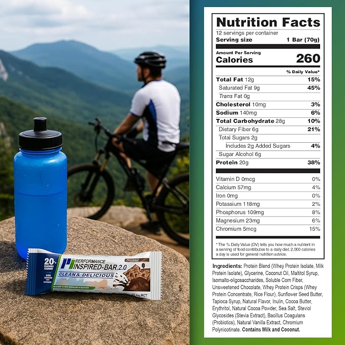Performance Inspired Nutrition - Protein Bar 2.0 – Contains: 20G Protein - 6G Fiber - 4g MCTs - 1 Billion CFU Probiotics – 1G Prebiotics - G Free – BIG 70g bar - Chocolate 12-Ct. Box