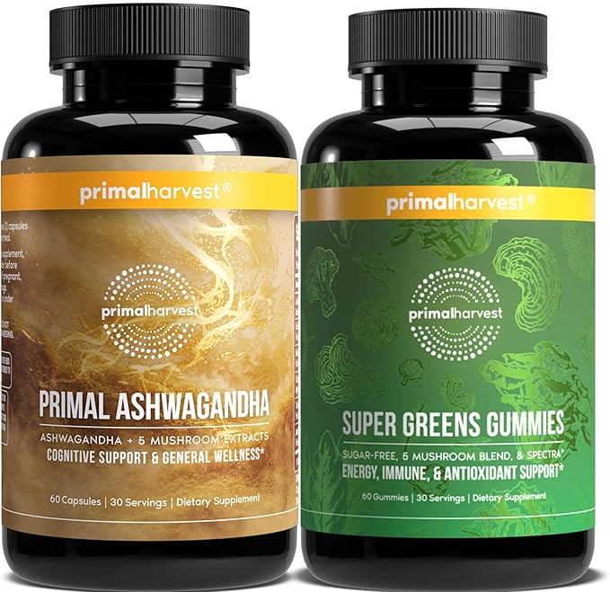 Primal Harvest Daily Two-Step Routine | Ashwagandha + Greens Gummies | 2 Pack | 30 Day Supply
