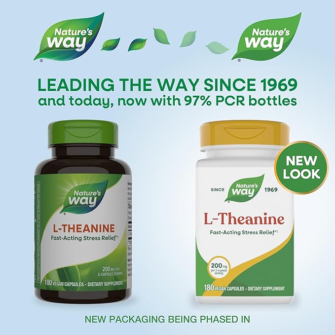 Nature's Way L-Theanine Stress Support* Promotes Relaxation* 200 mg per 2-Capsule Serving Vegan 180 Capsules (Packaging May Vary)