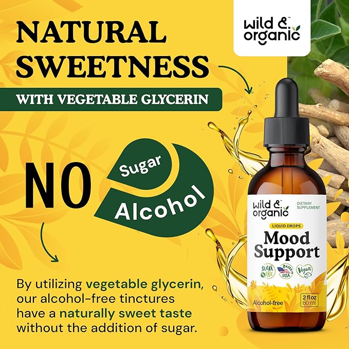 Wild &amp Organic Mood Support Drops - Good Mood Supplements w/Ashwagandha Root &amp Rhodiola Rosea - Natural Liquid Drops for Positive Energy - Calm and Relax Supplements for Women and Men - 2 oz