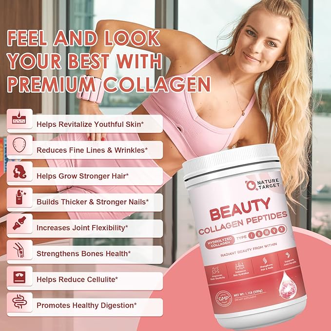 NATURE TARGET Beauty Collagen Peptides Powder for Women Multi Collagen Powder with Vitamin C Biotin Hyaluronic Acid – Unflavored Keto Friendly Easy Dissolve Non-GMO 50 Servings