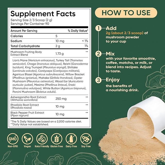 Venture Pal Mushroom Powder &amp Magnesium Glycinate Gummies Bundle -16 Mushroom Adaptogen Blend with Ashwagandha &amp Lion's Mane (90 Servings) + 60 Day Supply Magnesium Glycinate Gummies with Ashw