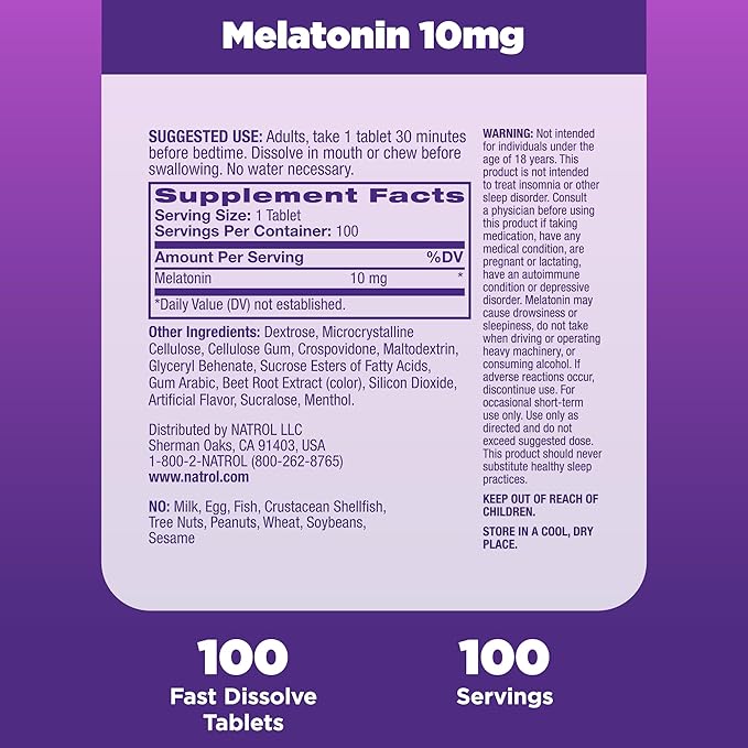 Natrol Fast Dissolve Melatonin 10 mg Melatonin Supplements for Restful Sleep Sleep Support for Adults 100 Strawberry-Flavored Melatonin Tablets Up to a 100 Day Supply