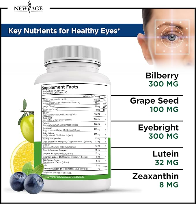 NEW AGE AREDS 2 Eye Vitamins - Lutein Zeaxanthin Bilberry Astaxanthin Mineral Vision Supplement - 60 Count