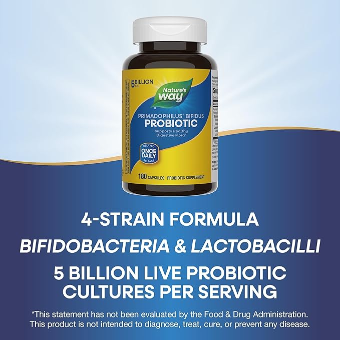 Nature's Way Primadophilus Bifidus Probiotic Supports Digestive Flora* 5 Billion Live Probiotic Cultures per Capsule Lactobacilli Bifidobacteria 180 Capsules (Packaging May Vary)