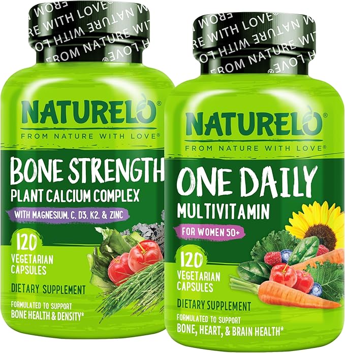 NATURELO One Daily Multivitamin for Women 50+ (Iron Free) - 120 Capsules and Calcium Supplement - 120 Vegetarian Capsules Bundle