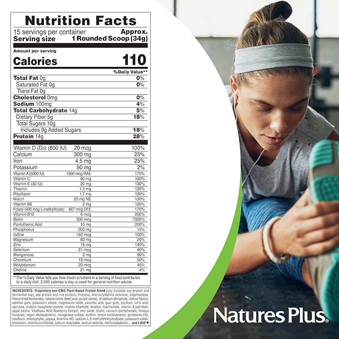 NaturesPlus SPIRU-TEIN Blueberries &amp Cream - 1.12 lb - Plant-Based Protein Powder - Vitamins &amp Minerals for Energy - Vegetarian Gluten Free - 15 Servings