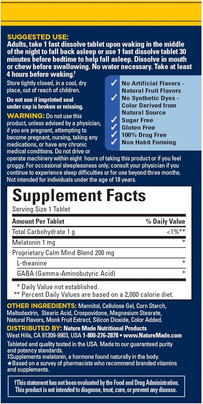 Nature Made Back to Sleep Melatonin Fast-Dissolve Helps You Fall Back to Sleep Naturally L-Theanine and GABA to Help Relax and Calm Your Mind 40 Tablets