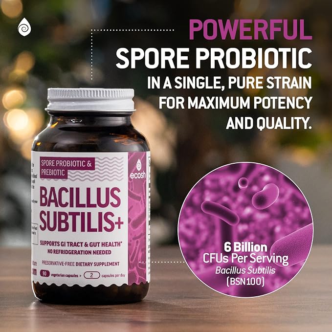 Bacillus Subtilis Spore Based Probiotic — High Potency Strain with Prebiotic for Balanced Belly | Daily Gut Health &amp Microbiome Support for Family | 6 Billion CFU Per Day | 90 Vegetarian Capsules