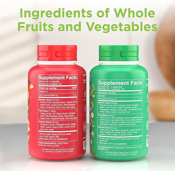 Balance of Nature Fruits &amp Veggies Supplements - Whole Fruit and Vegetable Ingredients for Women Men and Kids - 90 Fruits Capsules 90 Veggies Capsules - 2 Sets