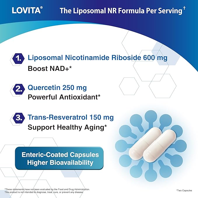 LOVITA Liposomal NR (Nicotinamide Riboside) 1000 mg with Quercetin &amp Trans-Resveratrol Support Cellular Health and Healthy Aging 100 Vegan Enteric-Coated Capsules