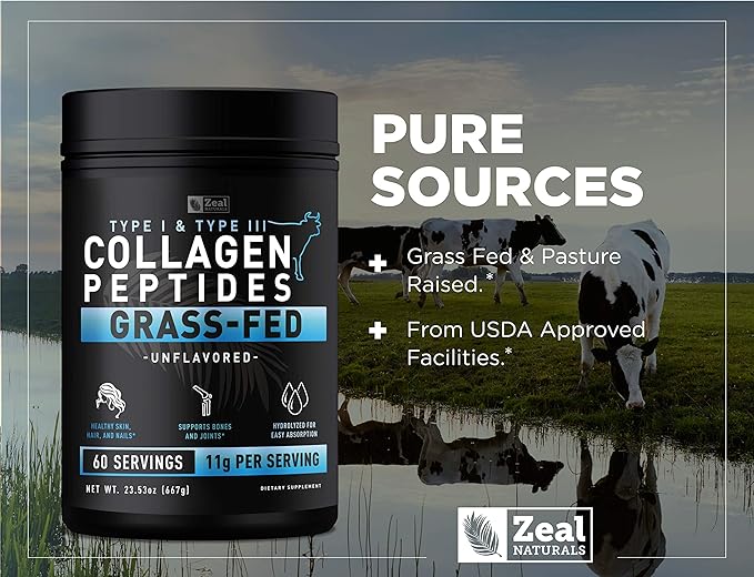 Zeal Naturals Hydrolyzed Collagen Peptides Powder 10g Protein | Grass-Fed Collagen for Women &amp Men | Essential Amino Acids | Hair Skin Nails Bone Health | 60 Servings Unflavored 23.53 oz.