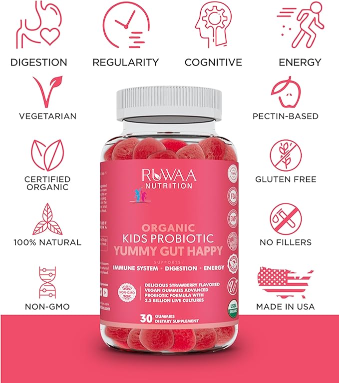 Kids Probiotic Gummies Organic Probiotics Kids for Digestive Health Immune Support Constipation Bloating. 2.5 Billion CFU Strawberry Flavor Chewable Probiotics for Children Ages 4+ 30ct (1)