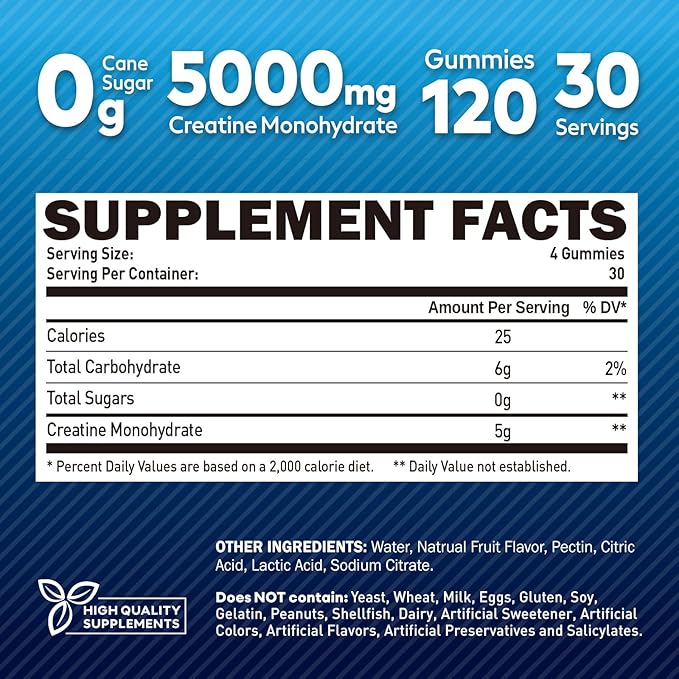 Creatine Monohydrate Gummies for Men Creatine Monohydrate Chewables 5g Per Serving Vegan Sugar Free Mixberry Flavor 120 Count