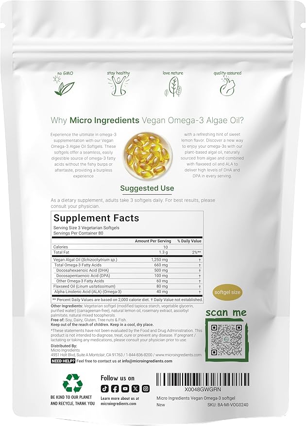 Micro Ingredients Vitamin D3 10000iu + K2 200mcg Coconut Oil Softgels &amp Vegan Omega 3 Algae Oil Supplement Bundle 2 Pack | Essential Sunshine Vitamins | Omega-3 Full Spectrum Alternative to Fish