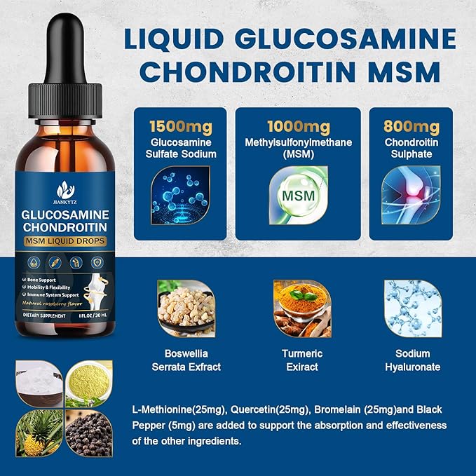 (2 Pack) Glucosamine Chondroitin MSM Liquid Drops High Absorption Antioxidant Immune Bone Support MSM Supplement for Men &amp Women Vegan Sugar-Free Raspberry Flavor 1 Fl Oz