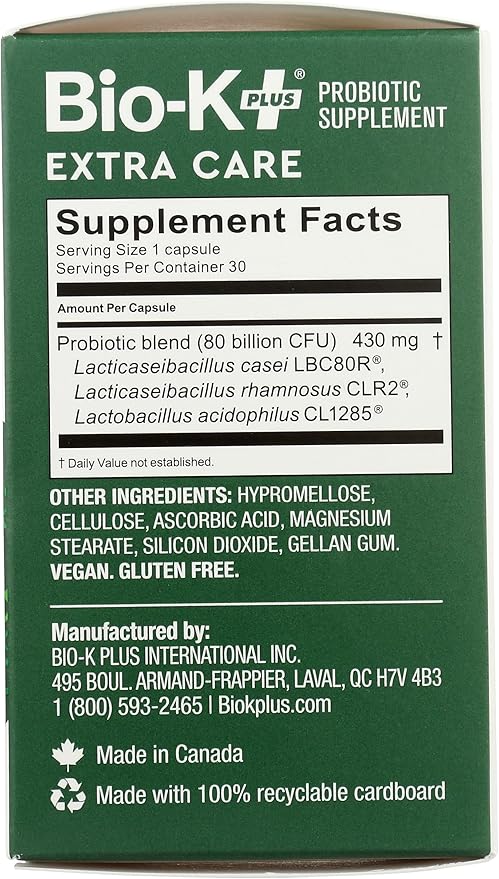 Bio-K + Extra Care Probiotic Supplement Capsules for Adult Men and Women 80 Billion Active Bacteria Promotes Immune System Health - Vegan &amp Gluten-Free Delayed Release 30 Capules/Box]