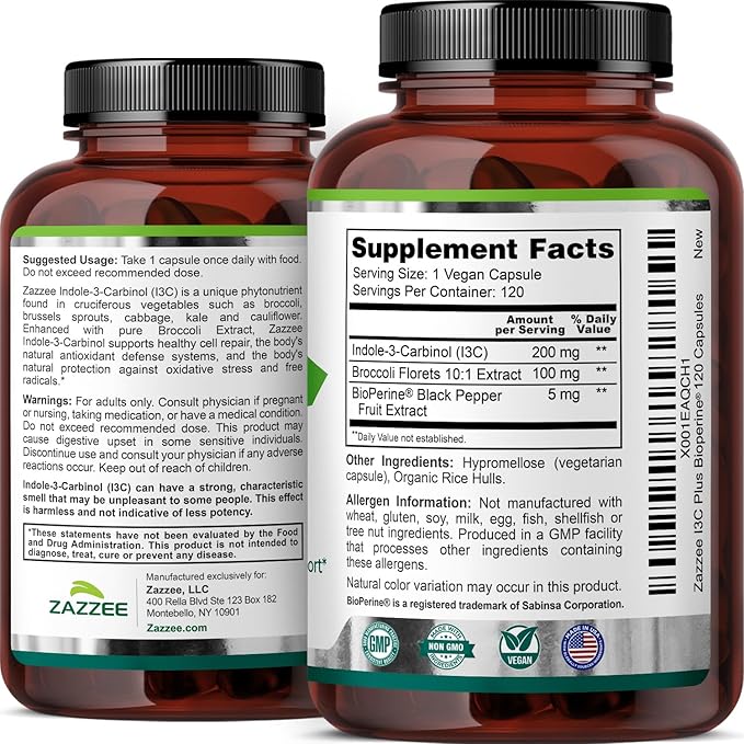 Zazzee High Absorption Indole-3-Carbinol (I3C) 200 mg per Capsule 120 Vegan Capsules 4 Month Supply 5 mg BioPerine for Enhanced Absorption 100% Vegetarian All-Natural and Non-GMO