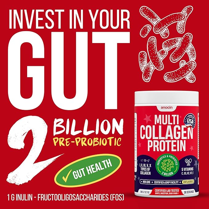 Multi Collagen Peptides w/Prebiotic + Probiotics + Type I II III V X + Hydrolyzed Collagen Powder w/Vitamin C+D3+B7+K2+E Hyaluronic Acid Supports Skin Hair Nail Joint Grass-Fed Non-GMO