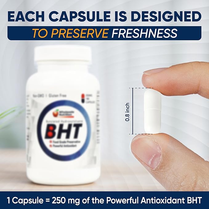 Wholesale Nutrition BHT - 250mg Potent Antioxidant - Non-GMO Gluten-Free - Enhance Oil/Fat Preservation - Pure Butylated Hydroxytoluene for Foods/Oils - 500 Capsules