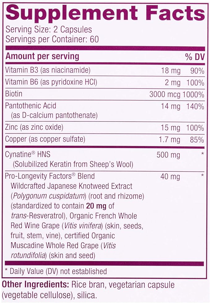 Reserveage Nutrition Keratin Hair Booster with Biotin &amp Resveratrol Hair and Nail Growth Supplement 120 Capsules (60 Servings) &amp Resveratrol 500 mg Supports Healthy Aging and Immune System