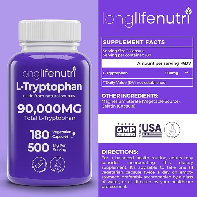 LongLifeNutri L-Tryptophan 500 mg &amp Benfotiamine 300 mg Bundle – 180 Veg Caps + 180 Veg Caps 6-Month Supply Evening Routine &amp Metabolic Balance Support Non-GMO Lab Tested Made in USA