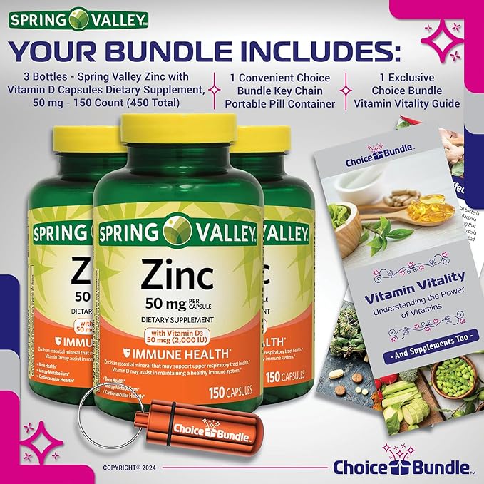 Spring Valley Zinc 50 mg with Vitamin D 50 mcg 150 Ct Immune Health Dietary Supplement Capsules 3 pk (450 Total) + Vitamin Vitality &amp Pill Container (5 Items)!