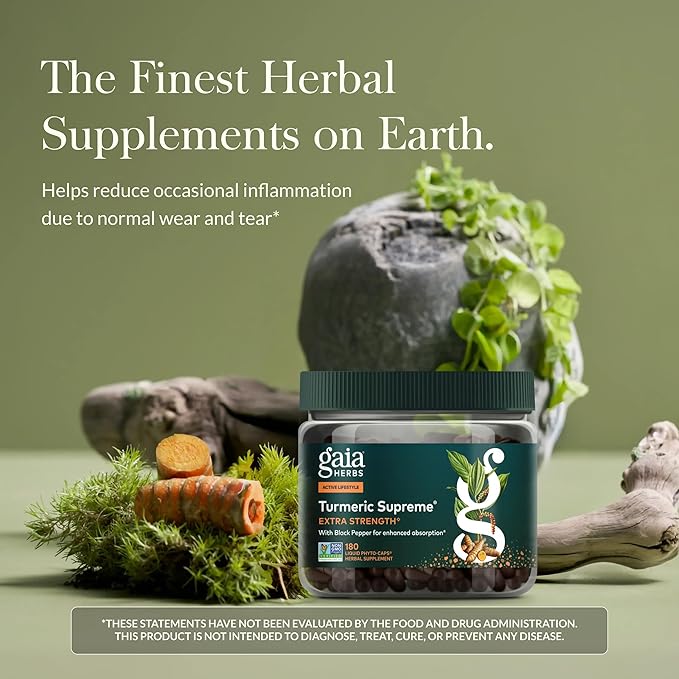 Gaia Herbs Turmeric Supreme Extra Strength - Supports Occasional Discomfort from Normal Wear &amp Tear* - with Turmeric Curcumin &amp Black Pepper - 180 Vegan Liquid Phyto-Caps (Up to 180 Servings)