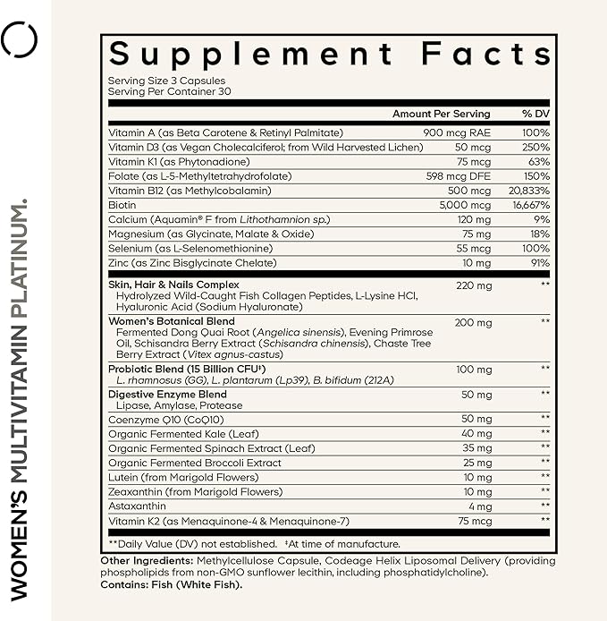 Codeage Women’s Multivitamin Platinum - Vitamins A D3 K1 K2 B12 &amp Minerals CoQ10 Skin Hair &amp Nails Complex Collagen Botanicals Probiotics Fermented Greens Lutein Astaxanthin - 90 Caps