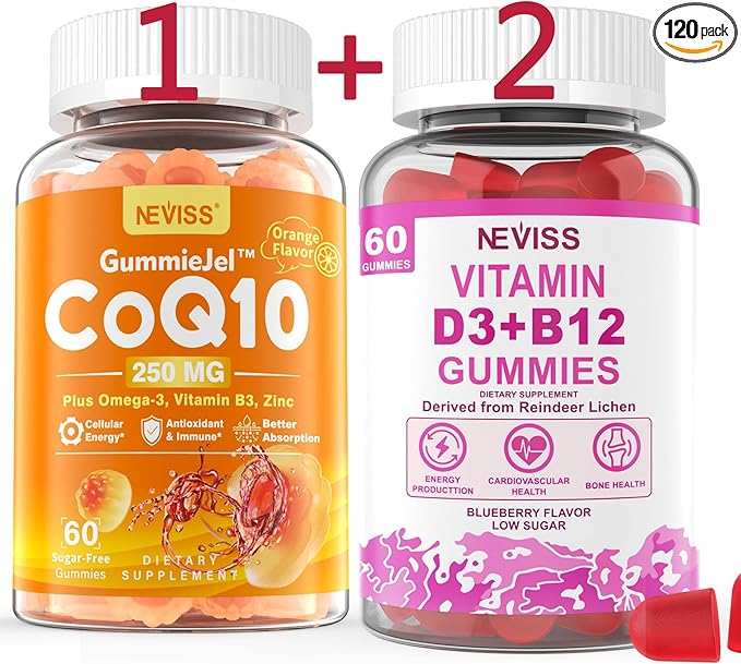 NEVISS Sugar-Free CoQ10-250mg Filled Gummies60Cts + Vegan Vitamin D3 5000IU &amp Methyl B12 1000mcg Gummies 120Cts