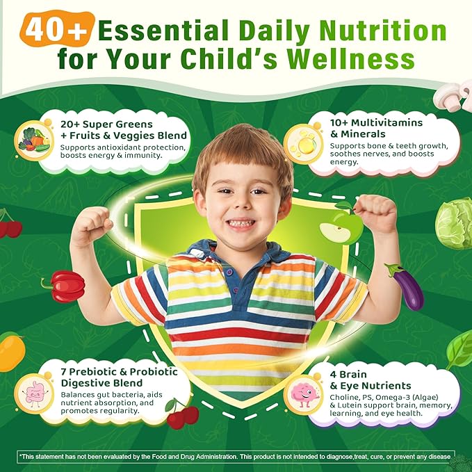 Kids Multivitamin Gummies 20+ Super Greens Fruit and Veggies Supplement Superfood Daily Gummies with Probiotics for Kids Gummy Vitamins &amp Minerals for Tummy &amp Immune Support -Vegan Sugar Fre