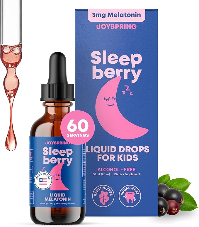 JoySpring Sleepberry Kids Melatonin 3 mg – Liquid Sleep Aid with L Theanine High Absorption Berry Drops (2 fl oz) 60 Servings Children's Melatonin with Vitamin D Kids Travel Essentials