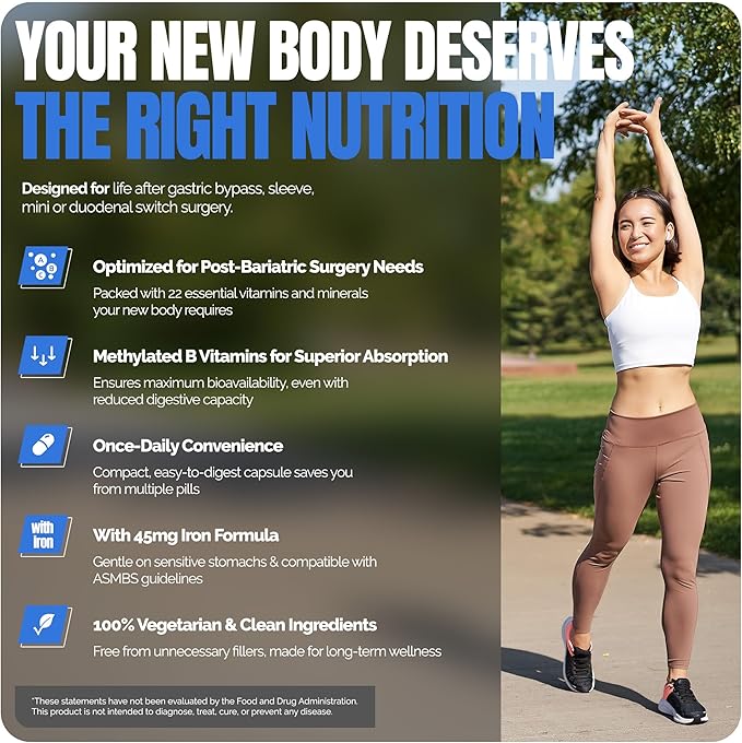 Shiny Leaf Methylated Bariatric Multivitamin with Iron 45mg – Once Daily Capsule USA Made ASMBS Compliant Bariatric Vitamins for Gastric Bypass &amp Gastric Sleeve for Men &amp Women GMP – 60 Ca