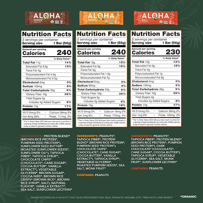 ALOHA Organic Plant Based Protein Bars - 3 Flavor Variety Pack - 12 Count 1.98oz Bars - Vegan Snacks Low Sugar Gluten-Free Low Carb Paleo Non-GMO Stevia-Free No Sugar Alcohol Sweeteners
