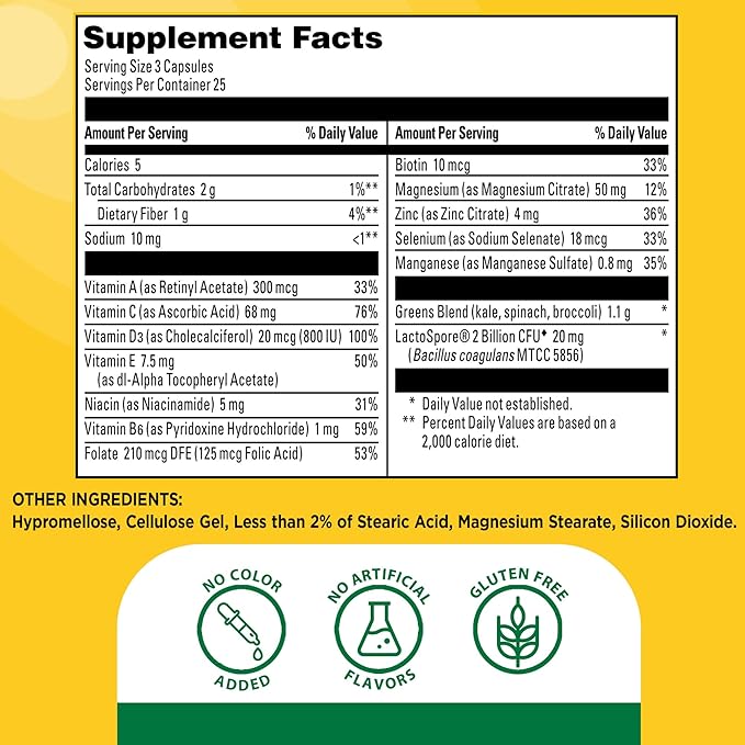 Nature Made Super Greens with Probiotic Capsules Made with 1/2 Cup Veggies Per Serving + Probiotics for Digestive Health 75 Capsules 25 Day Supply