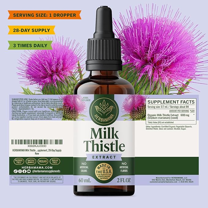 HERBAMAMA Milk Thistle Drops - Vegan Liver Support with Milk Thistle Extract Tincture - Non-GMO Alcohol &amp Sugar-Free Liver Detox and Cleanse Supplement 28-Day Supply