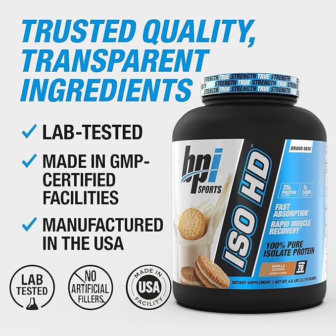 BPI Sports ISO HD Isolate Protein Powder – 100% Whey Isolate Protein Powder for Muscle Gain - Vanilla Cookie 4.8 LBS - 70 Servings