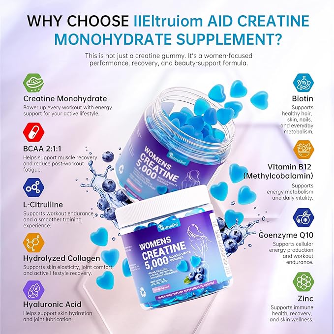 Creatine Gummies for Women – Blueberry Flavor 5g Creatine Monohydrate per Serving Pre Workout Creatine Chews with Collagen BCAA for Muscle Growth Strength &amp Energy Support – 90 Gummies Sugar