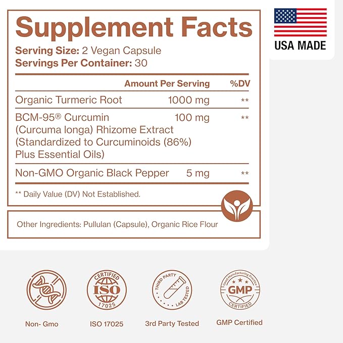 Organic Turmeric Curcumin with Black Pepper &amp BCM-95 - for Inflammatory Support Brain &amp Immune Health - 60 Vegan Turmeric Capsules 1000mg Per Serve - Herbal Curcumin Supplements