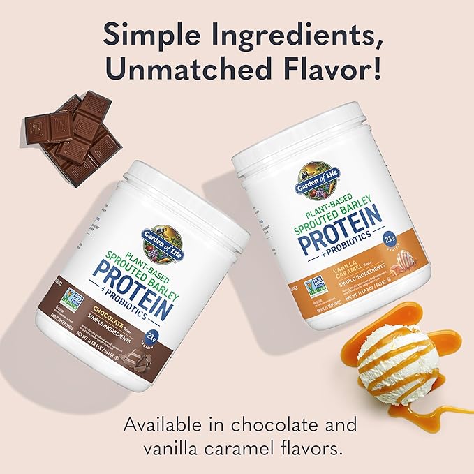 Garden of Life Plant-Based Sprouted Barley Protein Vanilla Caramel with 21g Protein 0g Sugar &amp Clean Ingredients Upcycled Barley Probiotics Non-GMO use in Shakes Smoothies &amp Baking 20