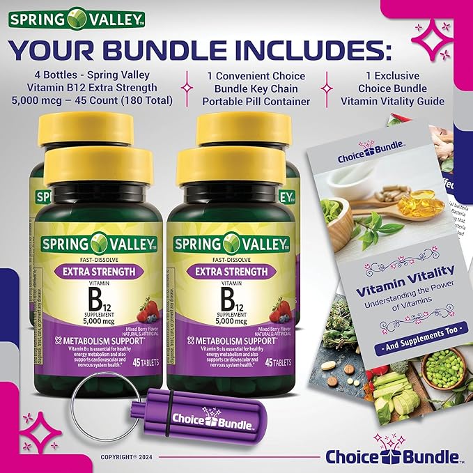 Spring Valley Vitamin B12 Fast Dissolve Tablets Extra Strength Metabolism Support 5000 mcg 45 Ct 4 pk (180 Total) + Vitamin Vitality &amp Pill Buddy (6 Items)!
