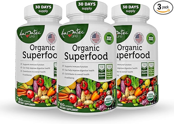 Organic Superfood Greens Fruits and Veggies Complex - Best Dietary Supplement with 14 Greens &amp14 Fruits &amp Vegetables with Alfalfa Rich in Antioxidants Organic Ingredients Non-GMO (180 Count Pa